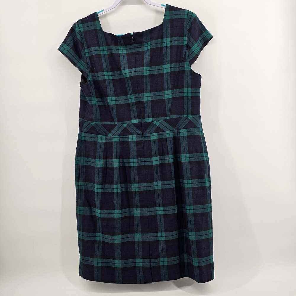 Talbots Plaid Sheath Dress 14P Green Navy Wool Blend Cap Sleeve Square Neck - Picture 2 of 6